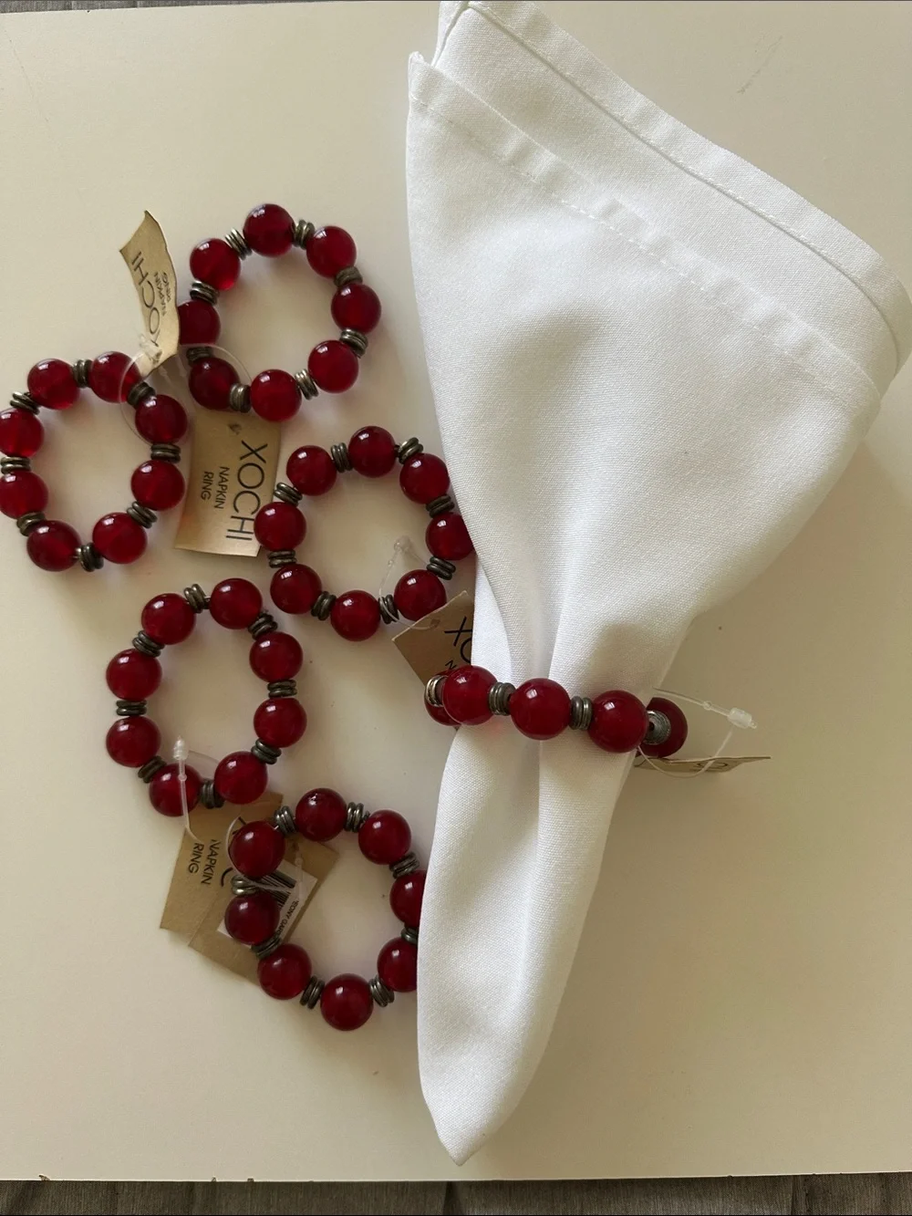 Red Beaded Napkin Rings - Set of 6